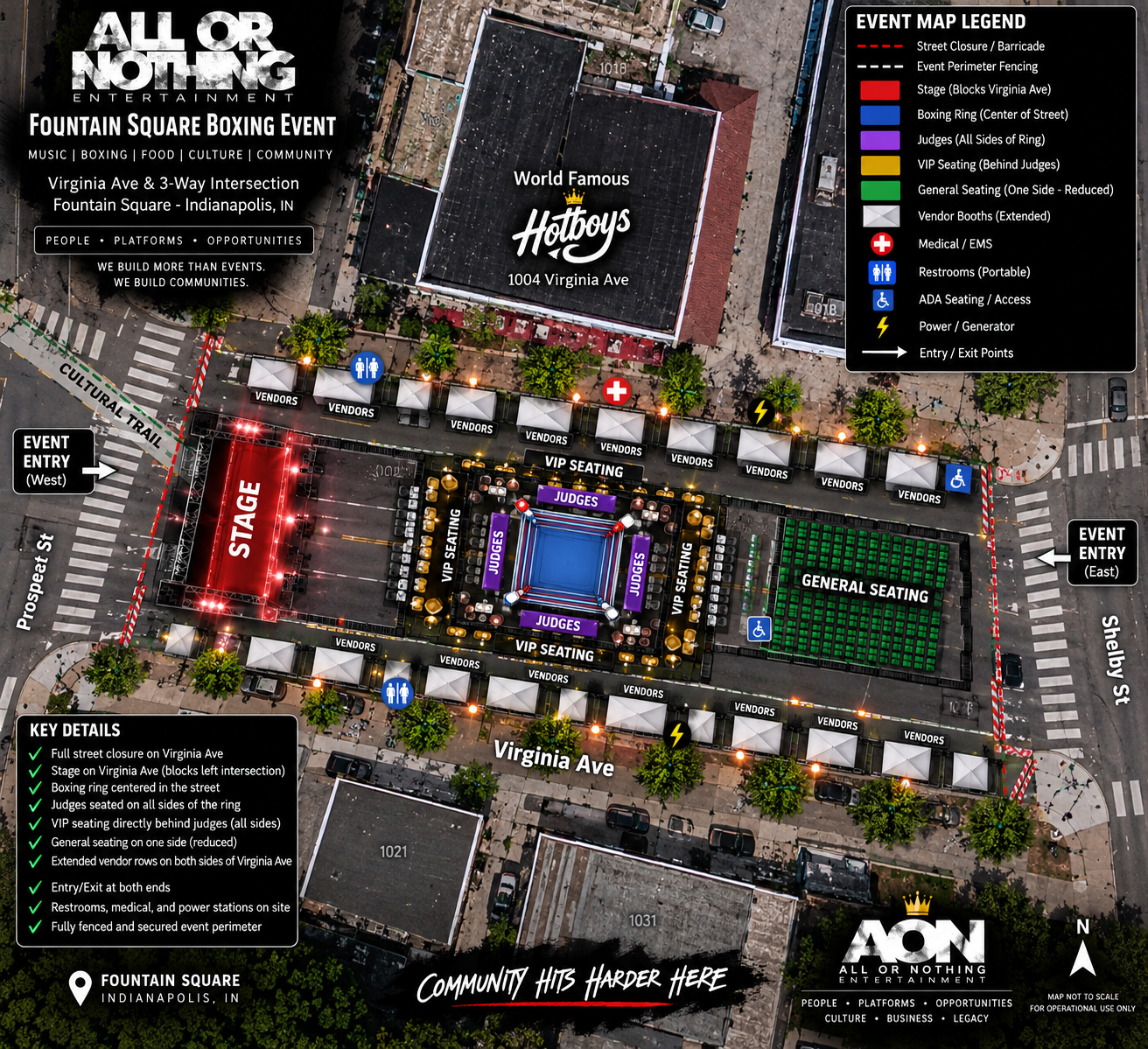 Aerial event layout showing the stage, boxing ring, VIP and general seating, vendor rows, entrances, restrooms, and medical stations on Virginia Avenue